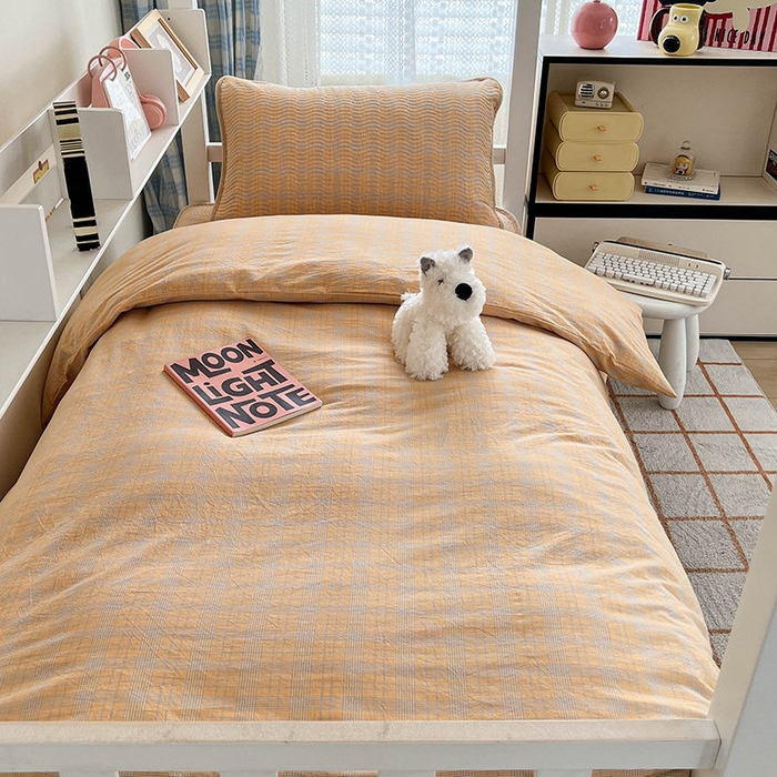 91家纺网 家纺一手货源 找家纺 沐纯家居 2024新款开学季（A类全棉水洗棉，棉加绒）床盖三件套  田园桔