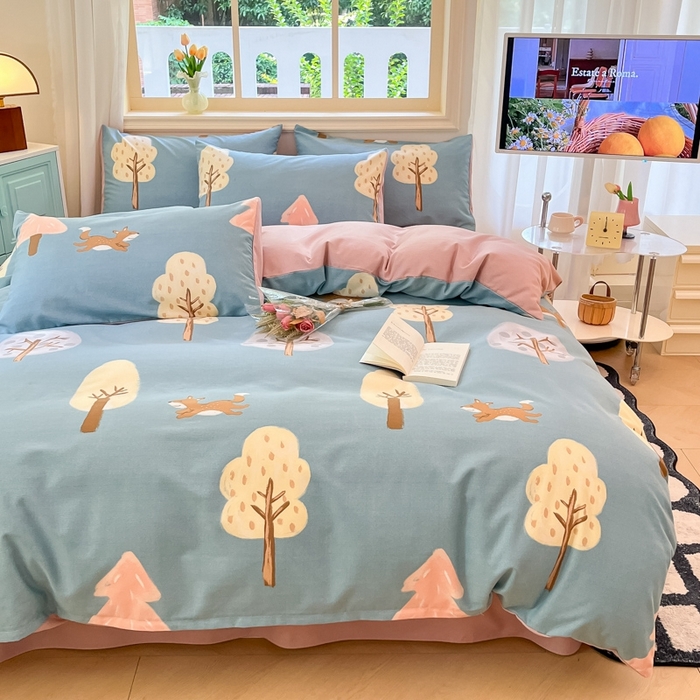 91家纺网 家纺一手货源 找家纺 莱米家纺 2024新款全棉加厚磨毛印花四件套 动物森林