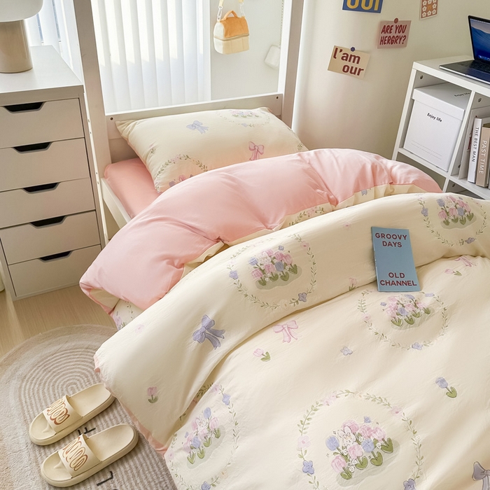 91家纺网 家纺一手货源 找家纺 2024新款水洗棉小清新印花学生三件套（床笠床套款） 花间兔