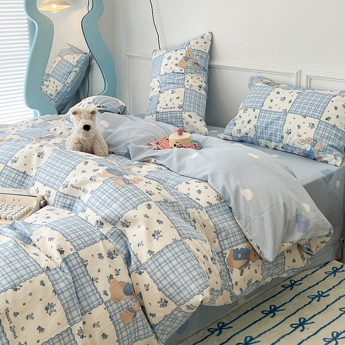 91家纺网 家纺一手货源 找家纺 2024新款13070跑量款全棉四件套--卡通系列 拼接格子兔