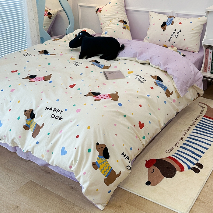 91家纺网 家纺一手货源 找家纺 2024新款13070跑量款全棉四件套--卡通系列 点点毛衣狗