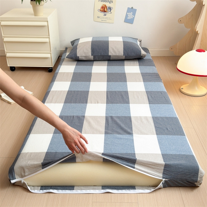 91家纺网 家纺一手货源 找家纺 北欧良品 2024新款学生季A类全棉水洗棉单品床套床垫套 蓝白大格