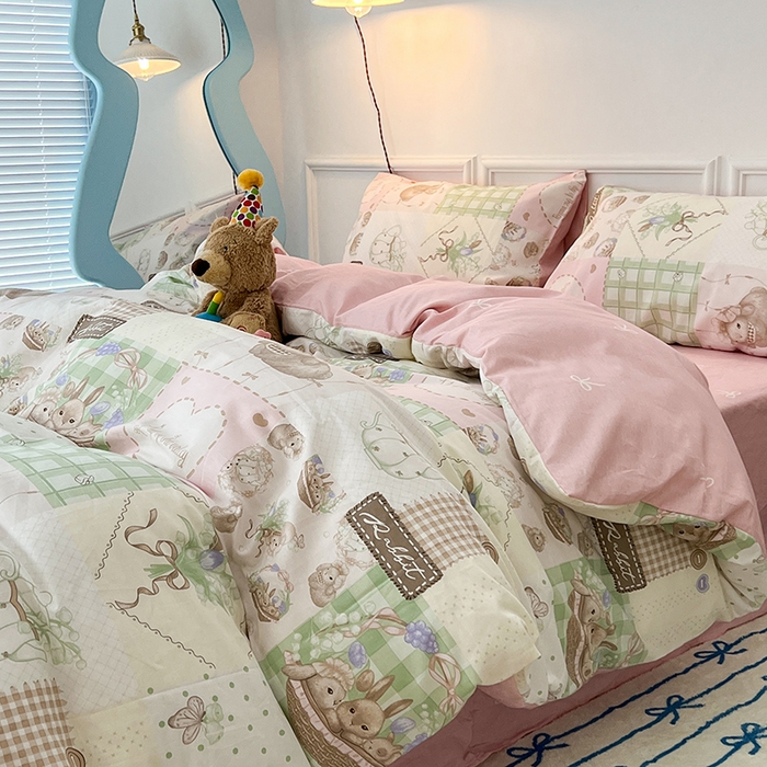 91家纺网 家纺一手货源 找家纺 2024新款13070跑量款全棉四件套--洛丽塔系列 星愿小兔