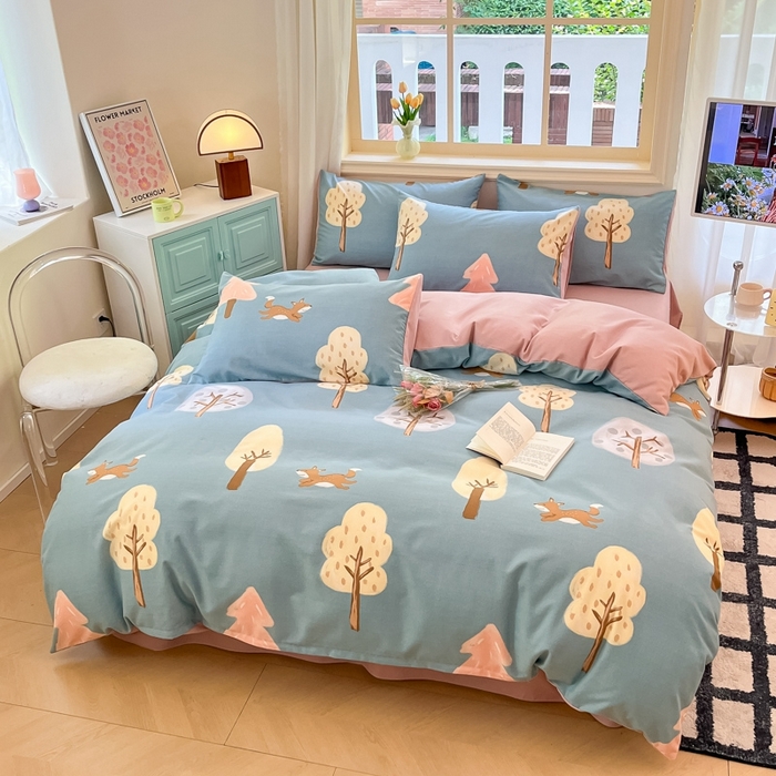 91家纺网 家纺一手货源 找家纺 莱米家纺 2024新款全棉加厚磨毛印花四件套 动物森林