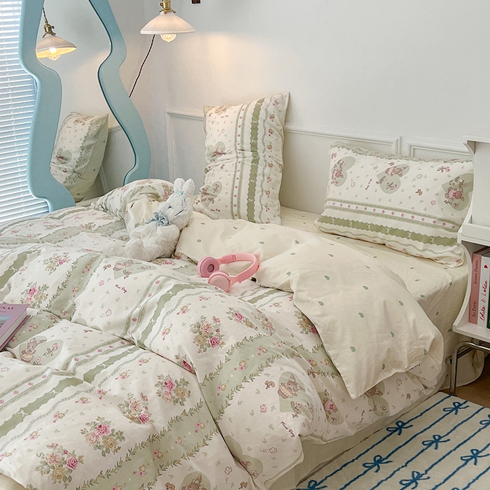 91家纺网 家纺一手货源 找家纺 2024新款13070跑量款全棉四件套--小清新系列 爱心花园兔