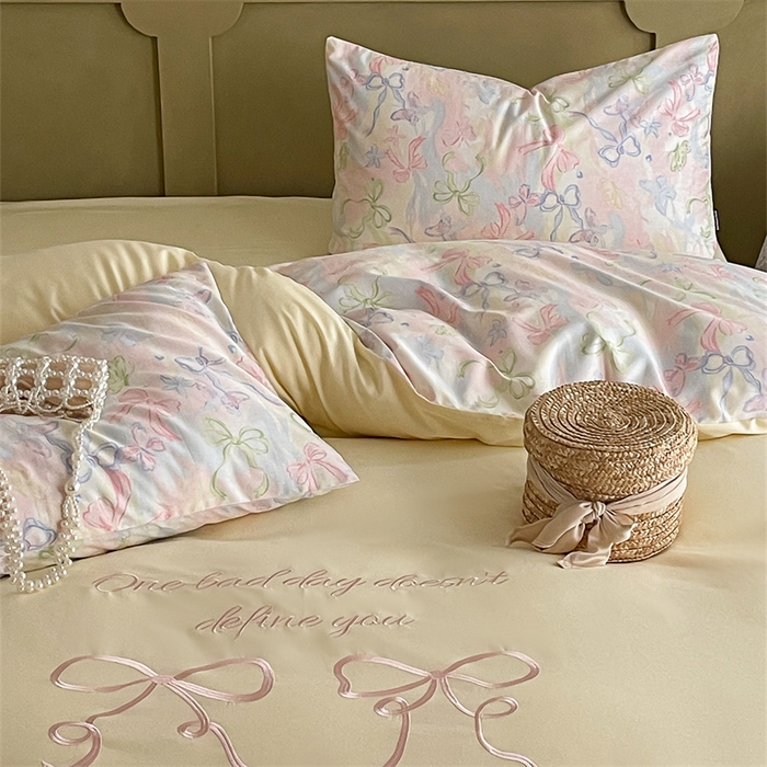 91家纺网 家纺一手货源 找家纺 圆岛家纺 2024新款全棉印花蝴蝶结刺绣四件套 蝴蝶结黄