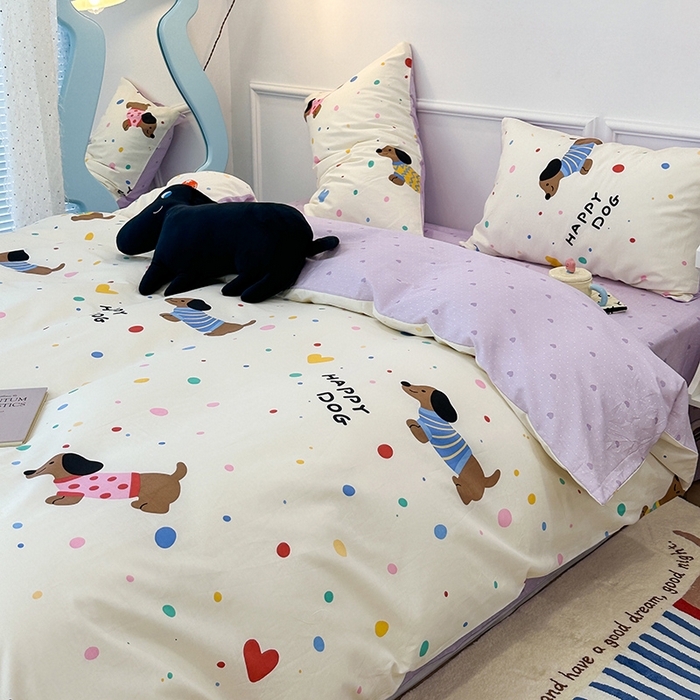 91家纺网 家纺一手货源 找家纺 2024新款13070跑量款全棉四件套--卡通系列 点点毛衣狗