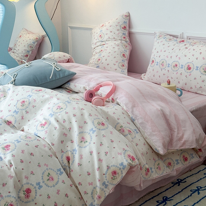 91家纺网 家纺一手货源 找家纺 2024新款13070跑量款全棉四件套--花卉系列 圈圈碎花玫瑰