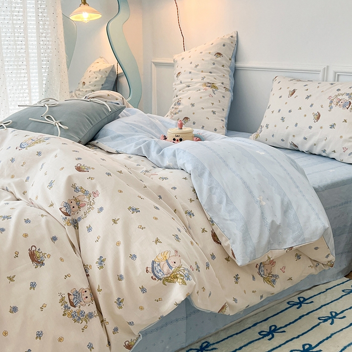 91家纺网 家纺一手货源 找家纺 2024新款13070跑量款全棉四件套--小清新系列 铃兰兔兔