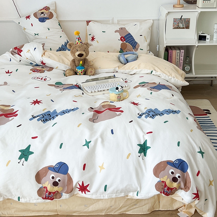 91家纺网 家纺一手货源 找家纺 2024新款13070跑量款全棉四件套--卡通系列 烟花小狗