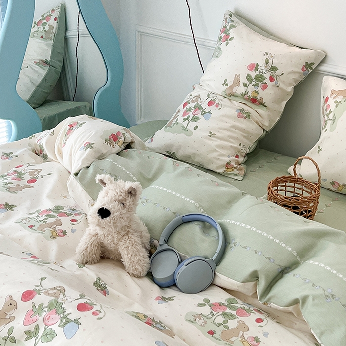 91家纺网 家纺一手货源 找家纺 2024新款13070跑量款全棉四件套--小清新系列 果实小兔