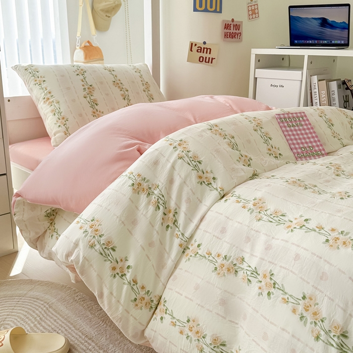 91家纺网 家纺一手货源 找家纺 2024新款水洗棉小清新印花学生三件套（床笠床套款） 花语