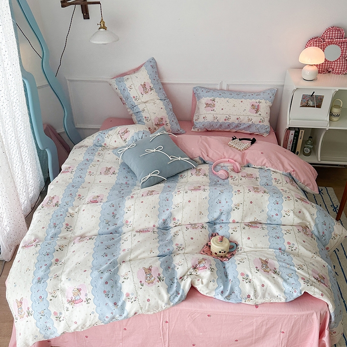 91家纺网 家纺一手货源 找家纺 2024新款13070跑量款全棉四件套--小清新系列 春日花花兔