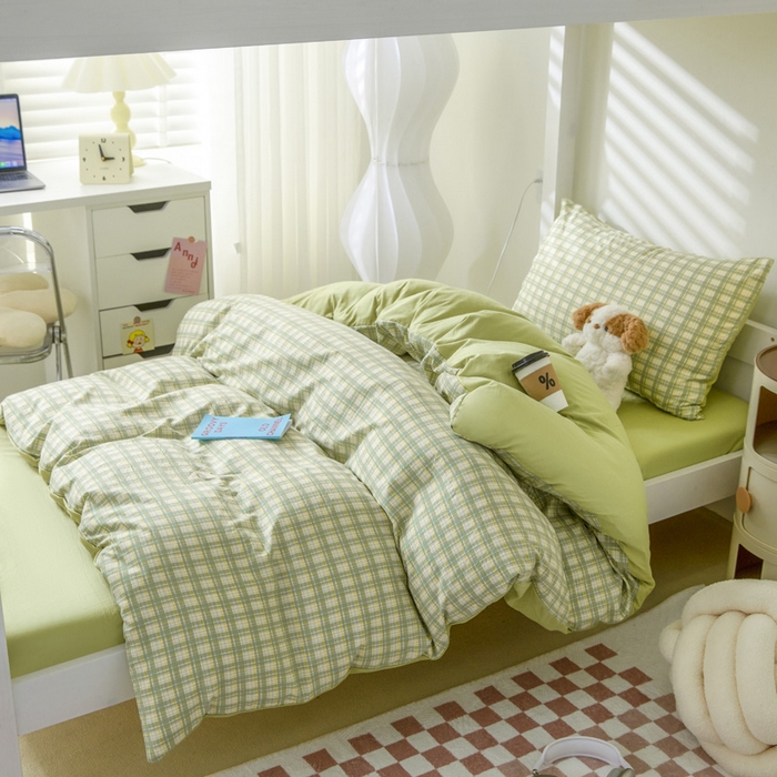 91家纺网 家纺一手货源 找家纺 2024新款水洗棉无印格子学生三件套（床笠床套款） G-清雅绿+果绿
