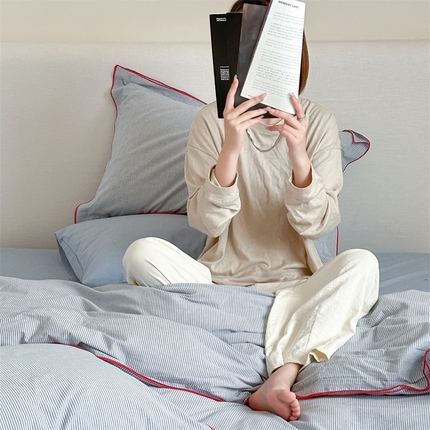 梦享生活家居 2024新款密拷边水洗棉细条纹四件套 密拷边蓝细条