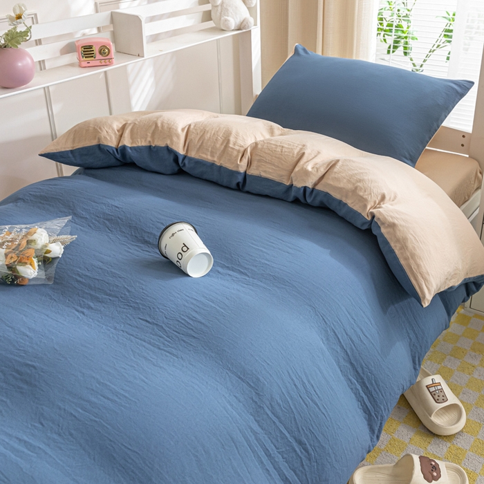 91家纺网 家纺一手货源 找家纺 2024新款纯色双拼水洗棉学生三件套（床笠床套款） 纯色-宾利蓝+奶茶