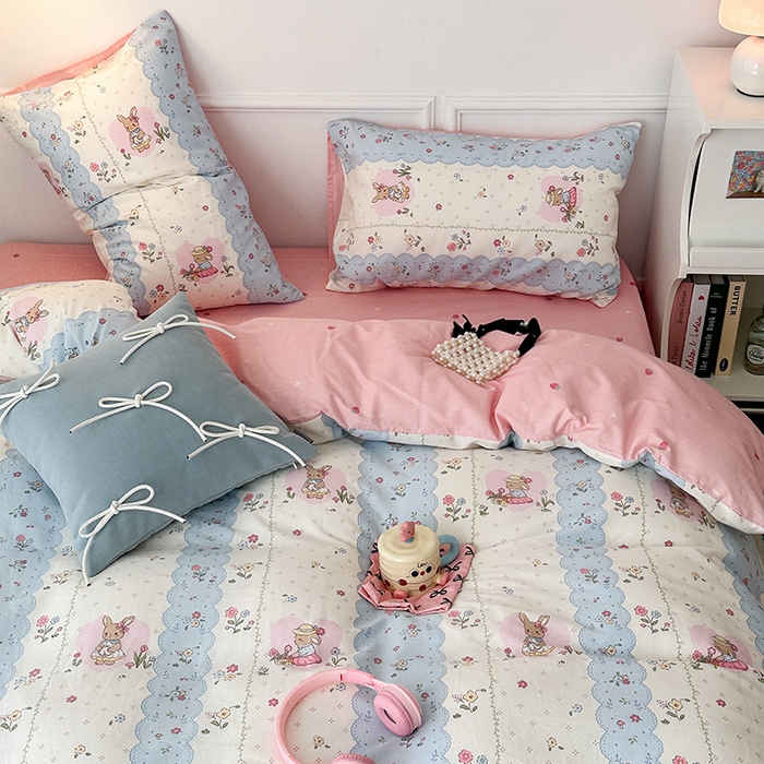 91家纺网 家纺一手货源 找家纺 2024新款13070跑量款全棉四件套--小清新系列 春日花花兔