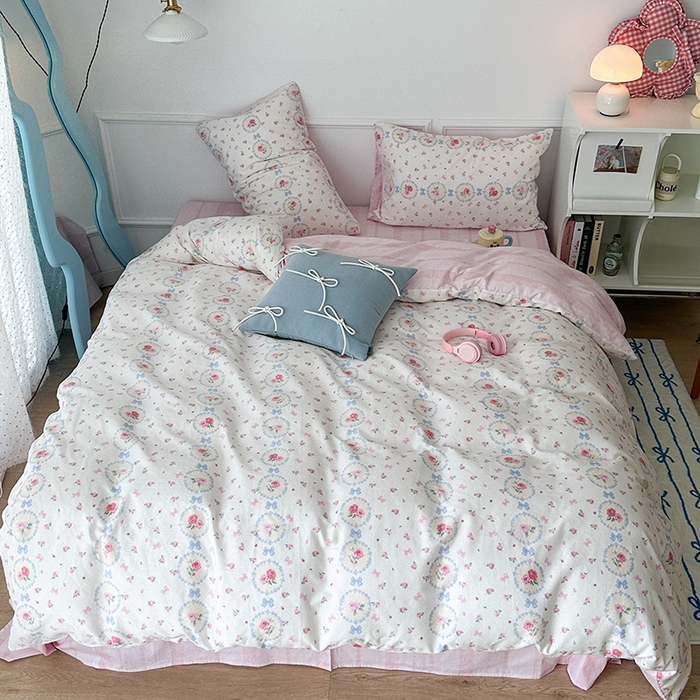 91家纺网 家纺一手货源 找家纺 2024新款13070跑量款全棉四件套--花卉系列 圈圈碎花玫瑰