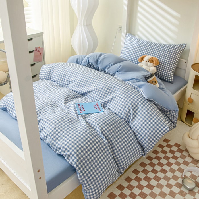 91家纺网 家纺一手货源 找家纺 2024新款水洗棉无印格子学生三件套（床笠床套款） G-小格-蓝+海青