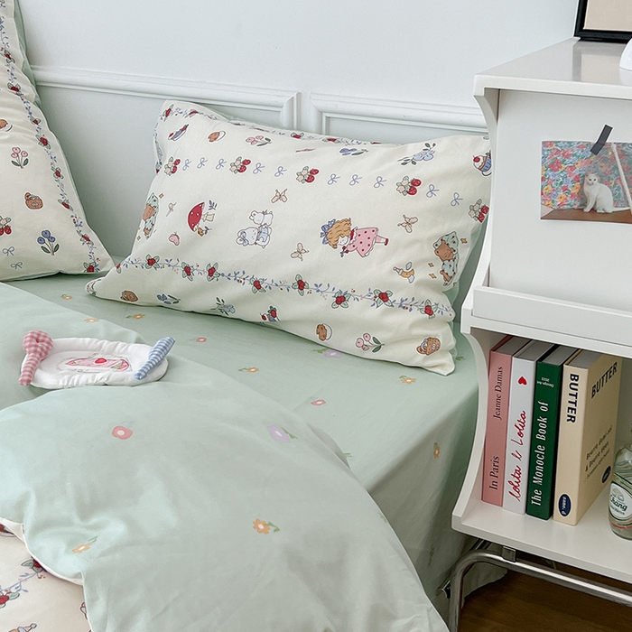 91家纺网 家纺一手货源 找家纺 2024新款13070跑量款全棉四件套--小清新系列 蘑菇女孩