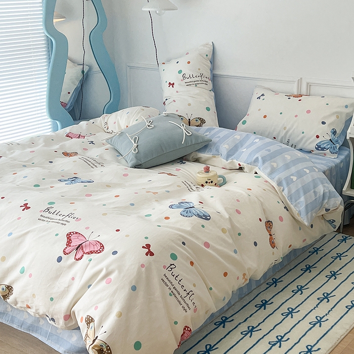 91家纺网 家纺一手货源 找家纺 2024新款13070跑量款全棉四件套--小清新系列 彩波点蝴蝶