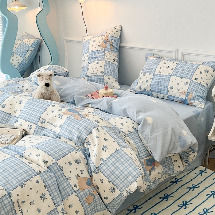 91家纺网 家纺一手货源 找家纺 2024新款13070跑量款全棉四件套--卡通系列 拼接格子兔