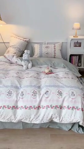 91家纺网 家纺一手货源 找家纺 2024新款13070跑量款全棉四件套--小清新系列 碎花蕾丝兔