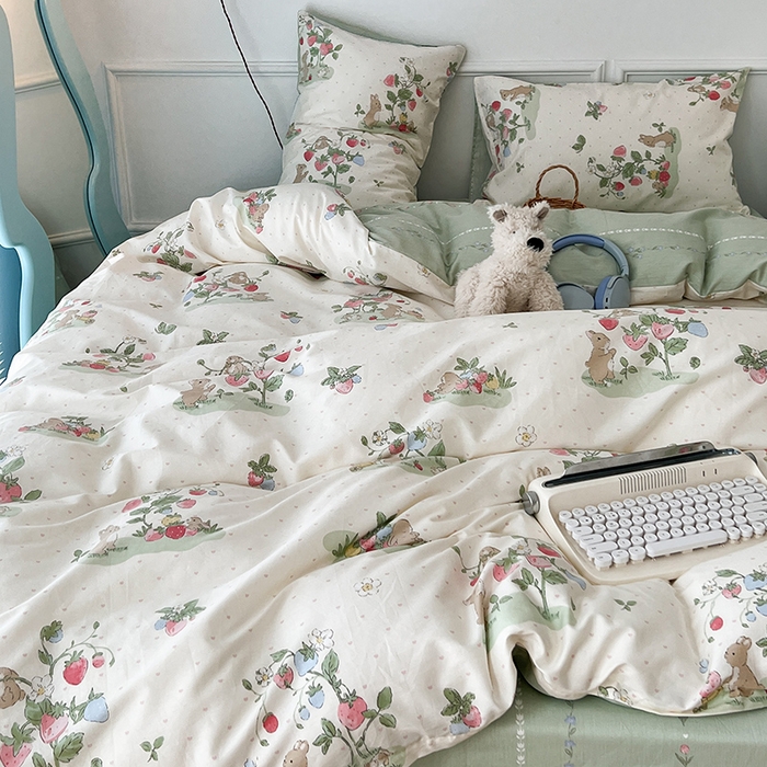 91家纺网 家纺一手货源 找家纺 2024新款13070跑量款全棉四件套--小清新系列 果实小兔