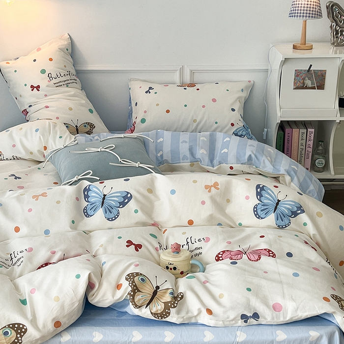 91家纺网 家纺一手货源 找家纺 2024新款13070跑量款全棉四件套--小清新系列 彩波点蝴蝶