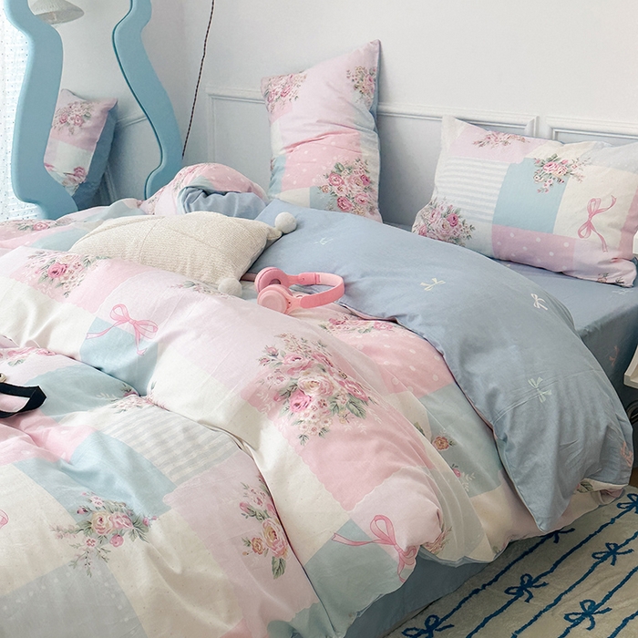 91家纺网 家纺一手货源 找家纺 2024新款13070跑量款全棉四件套--花卉系列 拼接粉玫瑰