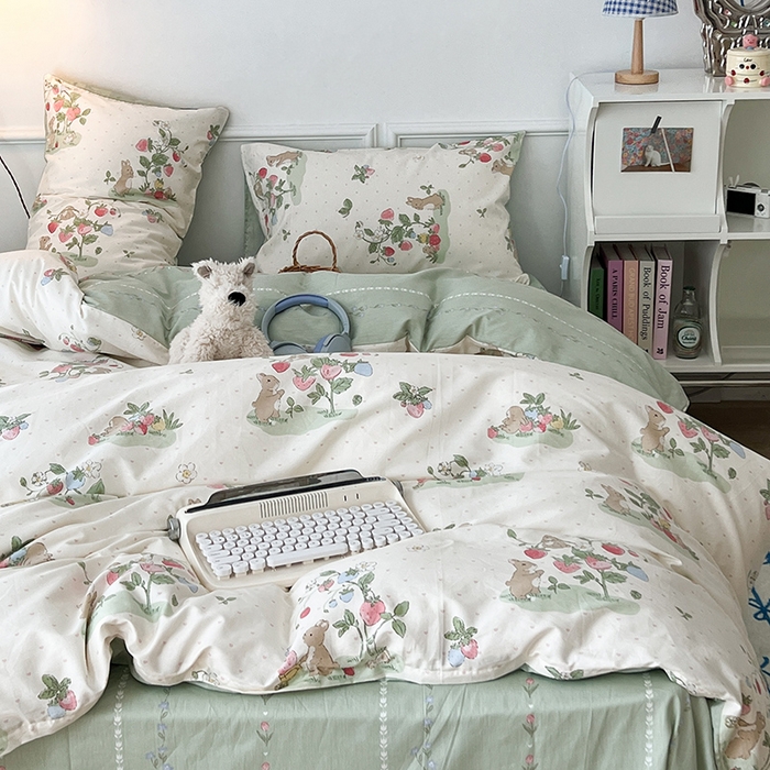 91家纺网 家纺一手货源 找家纺 2024新款13070跑量款全棉四件套--小清新系列 果实小兔