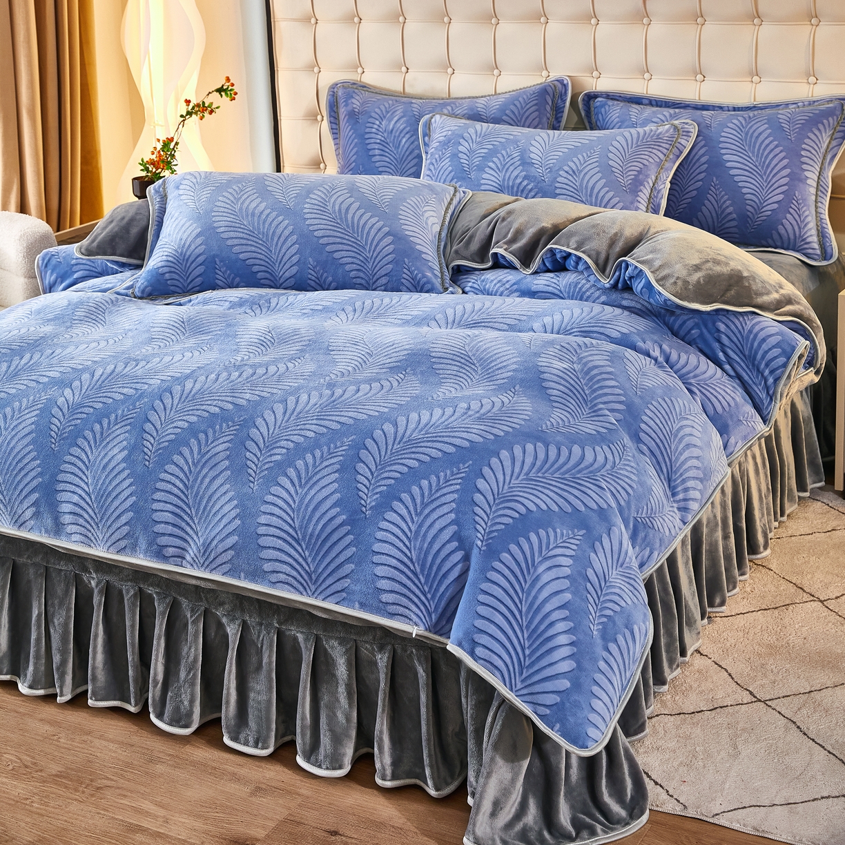 91家纺网 家纺一手货源 找家纺 凤杰 2025新款高克重7斤加厚印花牛奶绒金貂法莱绒四件套 极简生活