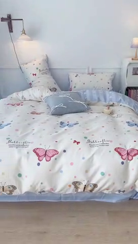 91家纺网 家纺一手货源 找家纺 2024新款13070跑量款全棉四件套--小清新系列 彩波点蝴蝶