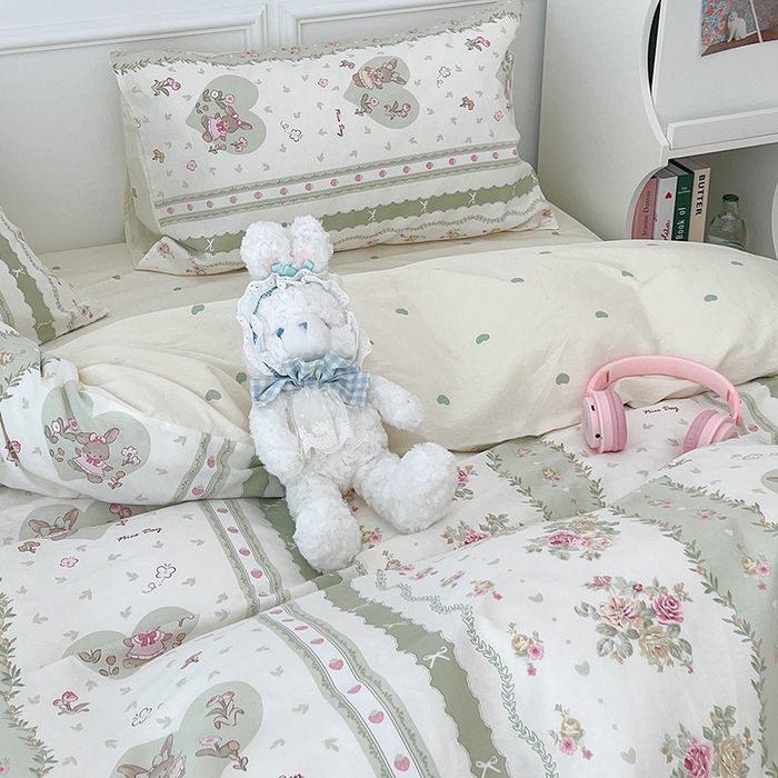 91家纺网 家纺一手货源 找家纺 2024新款13070跑量款全棉四件套--小清新系列 爱心花园兔