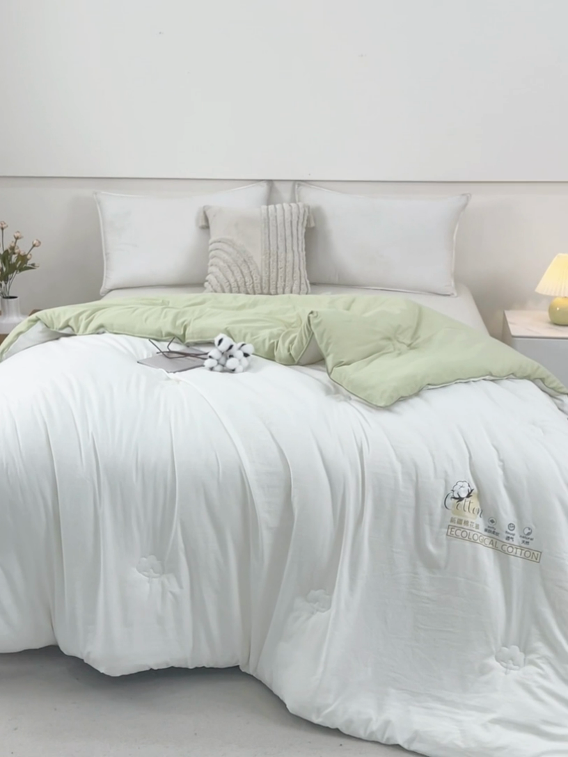 91家纺网 家纺一手货源 找家纺 好宜家纺 2025新款水洗棉新疆棉花被芯拉链款二合一子母被冬被春秋被夏被学生宿舍被褥 单被子-米白+奶绿
