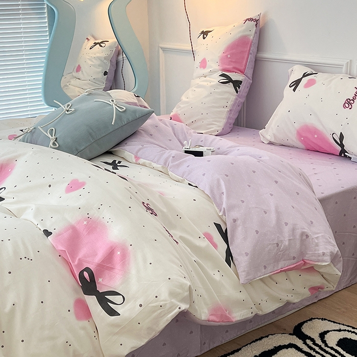 91家纺网 家纺一手货源 找家纺 2024新款13070跑量款全棉四件套--小清新系列 泼墨爱心蝴蝶结