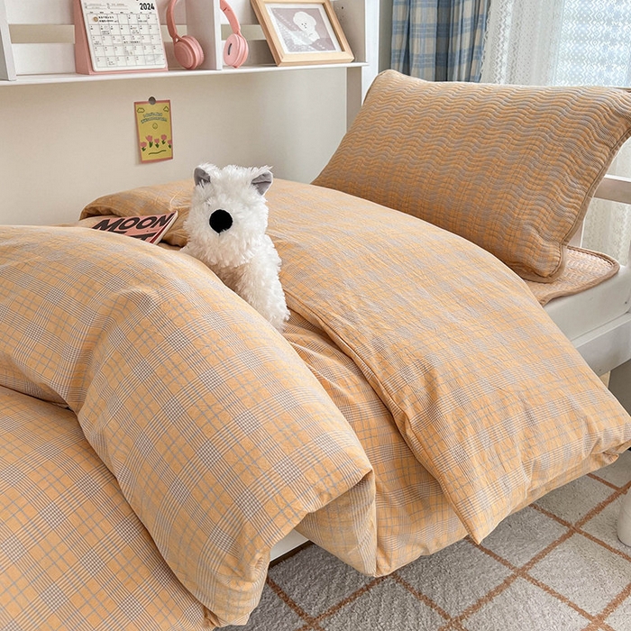 91家纺网 家纺一手货源 找家纺 沐纯家居 2024新款开学季（A类全棉水洗棉，棉加绒）床盖三件套  田园桔