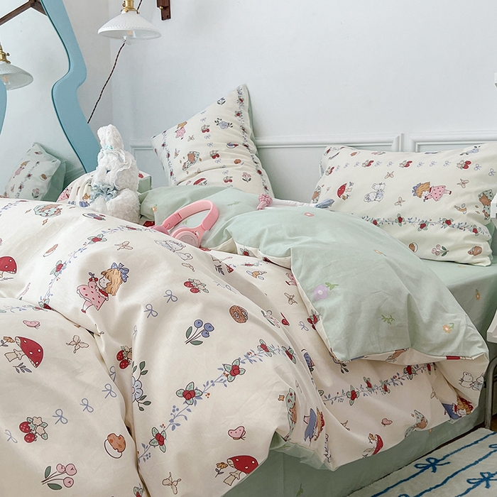 91家纺网 家纺一手货源 找家纺 2024新款13070跑量款全棉四件套--小清新系列 蘑菇女孩