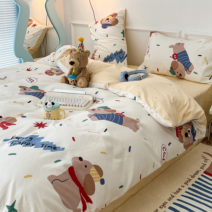 91家纺网 家纺一手货源 找家纺 2024新款13070跑量款全棉四件套--卡通系列 烟花小狗