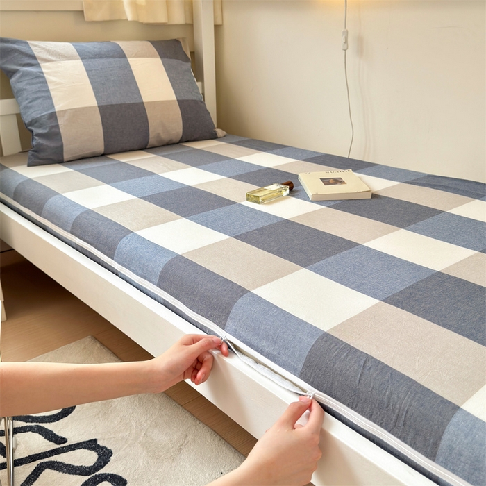 91家纺网 家纺一手货源 找家纺 北欧良品 2024新款学生季A类全棉水洗棉单品床套床垫套 蓝白大格