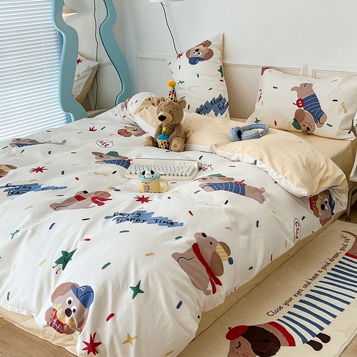 91家纺网 家纺一手货源 找家纺 2024新款13070跑量款全棉四件套--卡通系列 烟花小狗