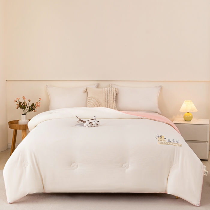 91家纺网 家纺一手货源 找家纺 好宜家纺 2025新款水洗棉新疆棉花被芯拉链款二合一子母被冬被春秋被夏被学生宿舍被褥 单被子-米白+粉玉