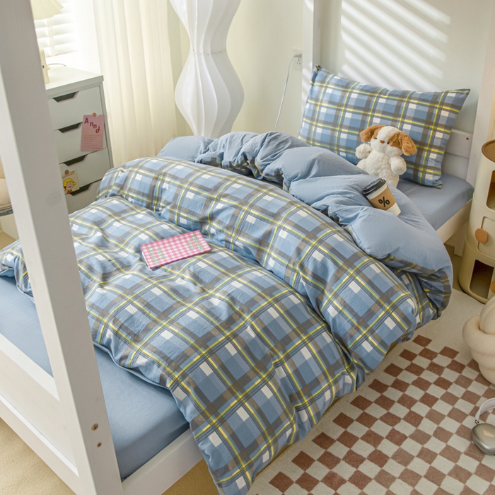 91家纺网 家纺一手货源 找家纺 2024新款水洗棉无印格子学生三件套（床笠床套款） G-简兮-蓝+海青