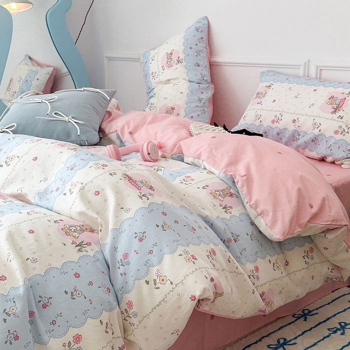 91家纺网 家纺一手货源 找家纺 2024新款13070跑量款全棉四件套--小清新系列 春日花花兔