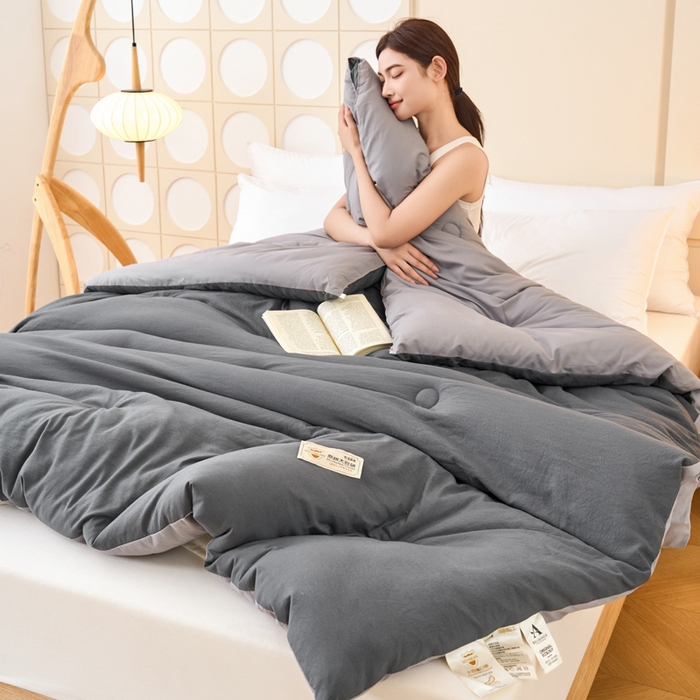 91家纺网 家纺一手货源 找家纺 梦恬佳 2024新款A类原棉亲肤棉大豆被夏被春秋被冬被 深灰+浅灰