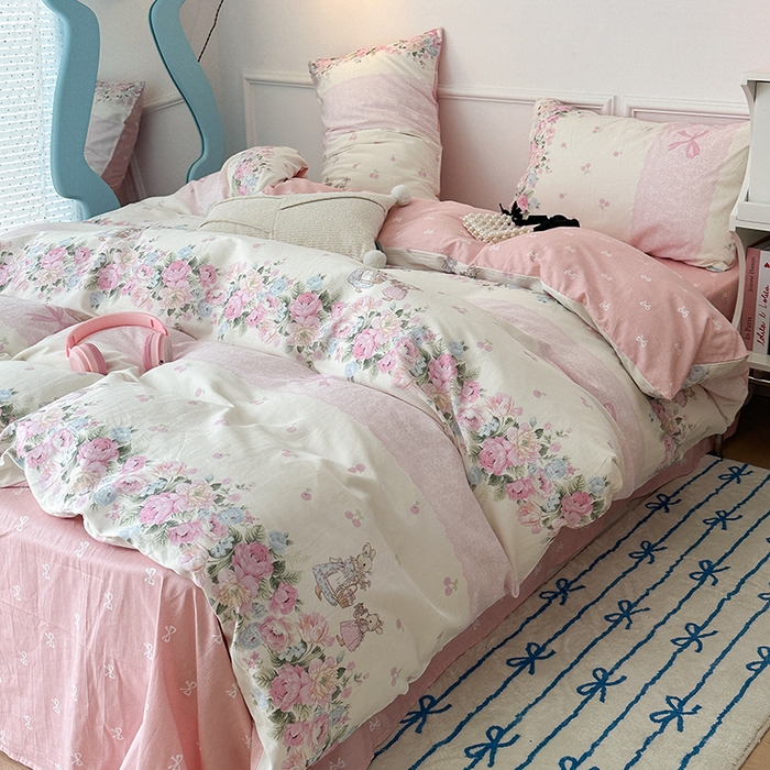 91家纺网 家纺一手货源 找家纺 2024新款13070跑量款全棉四件套--小清新系列 梦境樱桃兔 粉