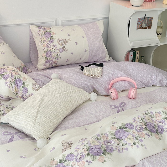 91家纺网 家纺一手货源 找家纺 2024新款13070跑量款全棉四件套--小清新系列 梦境樱桃兔 紫