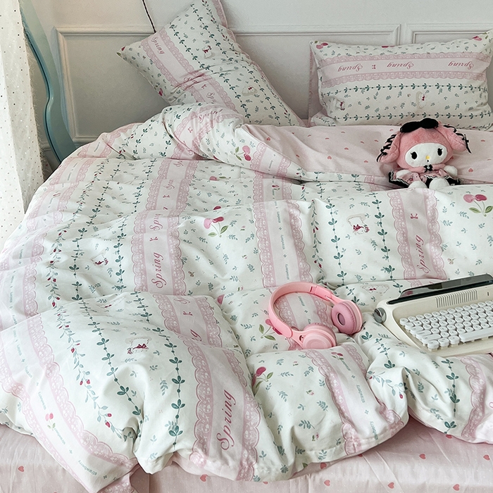 91家纺网 家纺一手货源 找家纺 2024新款13070跑量款全棉四件套--小清新系列 粉粉樱桃兔