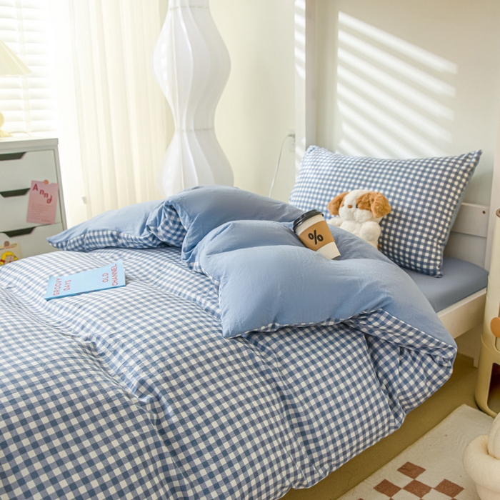 91家纺网 家纺一手货源 找家纺 2024新款水洗棉无印格子学生三件套（床笠床套款） G-小格-蓝+海青