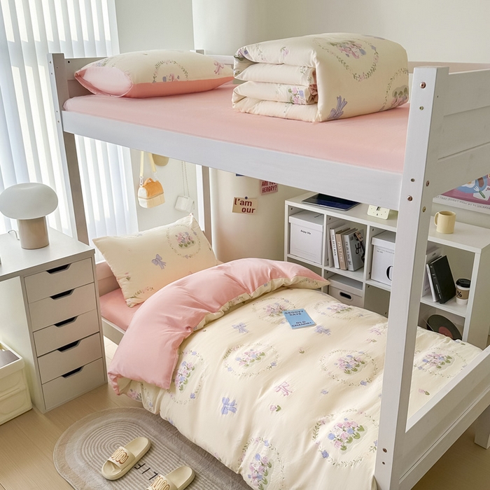 91家纺网 家纺一手货源 找家纺 2024新款水洗棉小清新印花学生三件套（床笠床套款） 花间兔